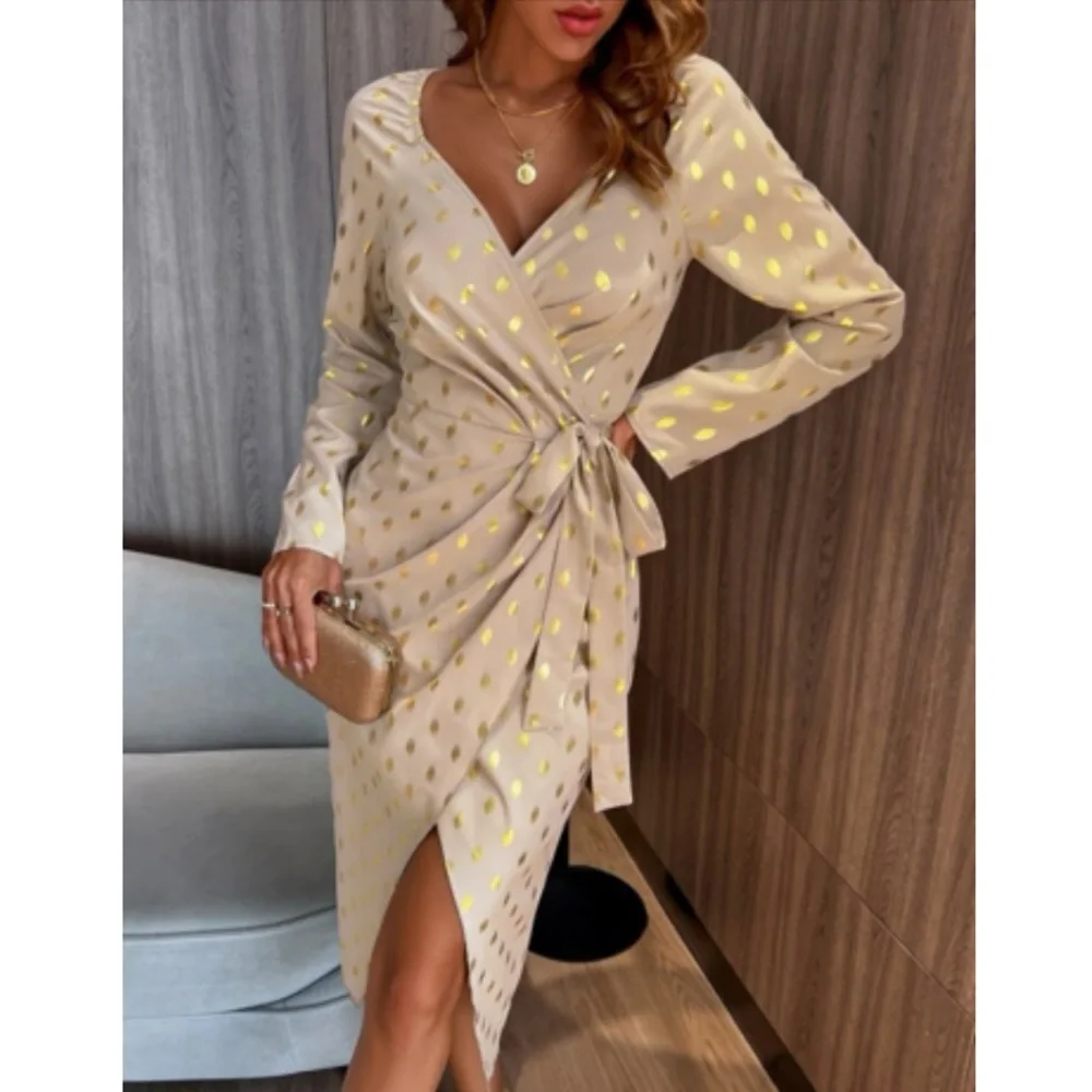 Luxe metallic gold dots wrap knot side party evening formal dress - Picture 1 of 15